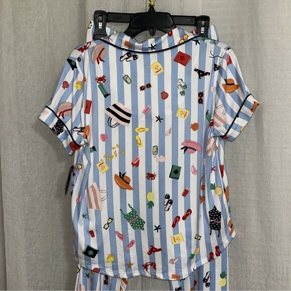 kate spade S White Aqua Blue Vertical Stripe Beach Themed Top Crop Pants PJ Set - Picture 5 of 11